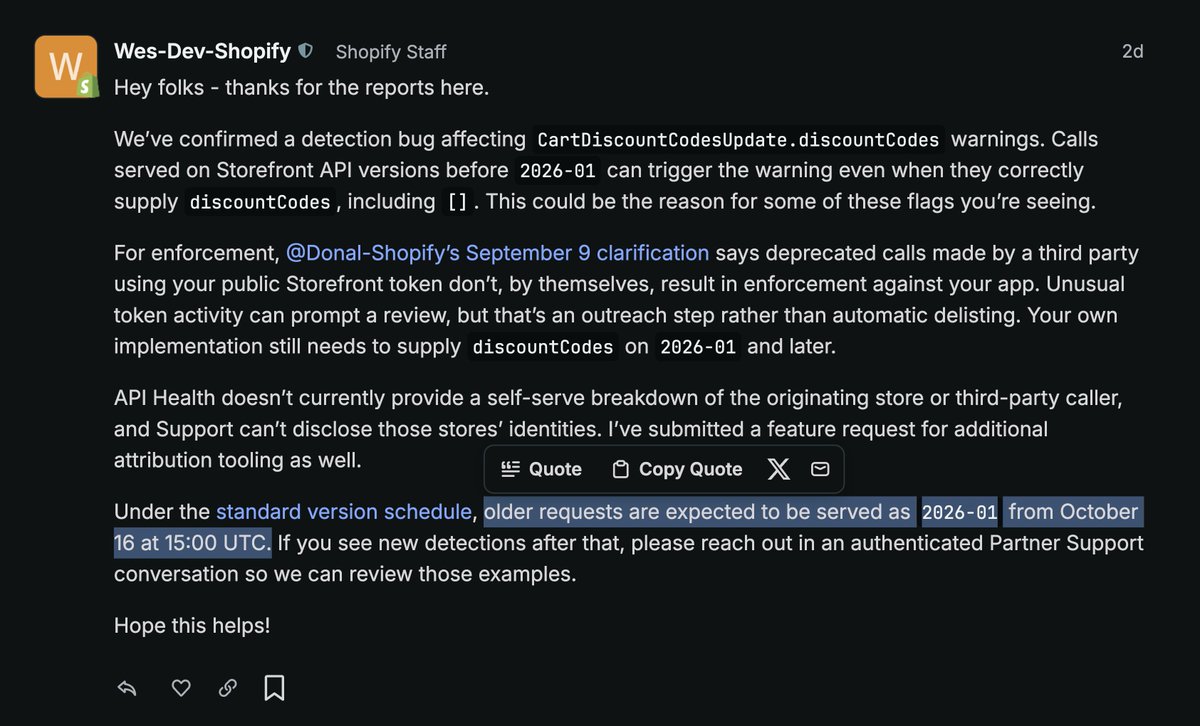 heysandy801's tweet photo. there's a bug affecting apps using storefront api tokens due to which you'll see an api deprecation notice in dev dashboard. and starting today, you're also likely seeing "This app is unsupported" when merchants install.

turns out it's a bug on Shopify's end and the earliest it will "auto-resolve" is Oct 16.

which is wild? for a period of time when merchants are actively searching for apps. 2 weeks where they'll continue to see a banner.

partner/dev support  was extremely unhelpful. i spoke to 2 people who each gave me ai copy-pasta answers and then refused to do anything else.

i feel like this is a much bigger issue than the way it's being talked about. it needs some attention asap cc @ShopifyDevs @eytanseidman @Shopify