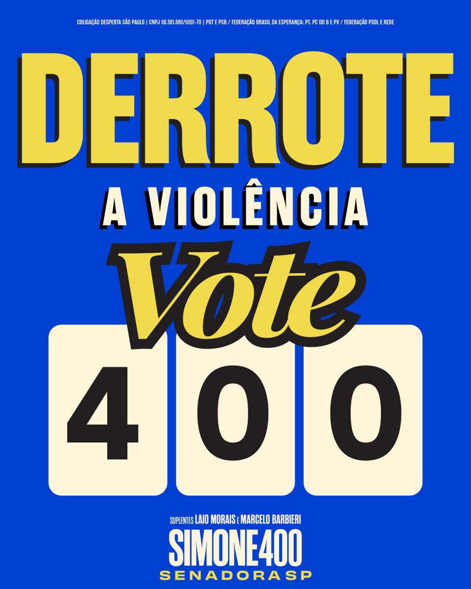 simonetebetbr's tweet photo. É hora de DERROTAR a violência e o crime organizado.

No Senado, quero trabalhar com firmeza, inteligência e coragem para proteger as famílias, enfrentar o crime e combater a violência contra as mulheres.

📲 Compartilhe!

Simone Senadora 4️⃣0️⃣0️⃣✅

Coligação Desperta São Paulo — PDT e PSB / Federação Brasil da Esperança — PT, PCdoB e PV / Federação PSOL e Rede. CNPJ 68.581.880/0001-70

#SimoneSenadora #Simone400