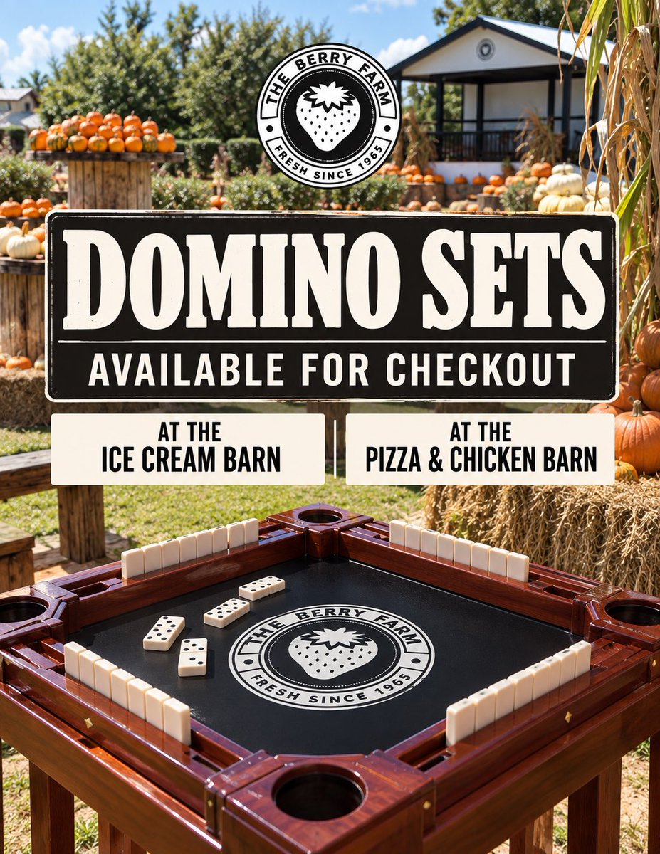 TheBerryFarms's tweet photo. Dominoes are now part of the fun at The Berry Farm! ๐ซ๐ฅ
Check out a set at the Ice Cream Barn or Pizza & Chicken Barn, grab your crew and see who runs the table. ๐
Perfect between Harvest Festival adventures.
https://t.co/D6fLWsCfm2
#TheBerryFarm https://t.co/bIZ2C6lUgh