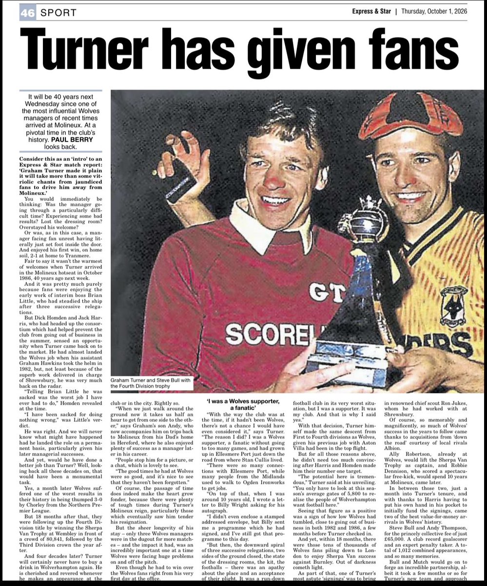 paulberry2303's tweet photo. 40 years next week since Graham Turner arrived at Molineux. 

The rest is history.  

For the @ExpressandStar with thanks to Graham and his son Andy. https://t.co/H6kJ5gtF7I