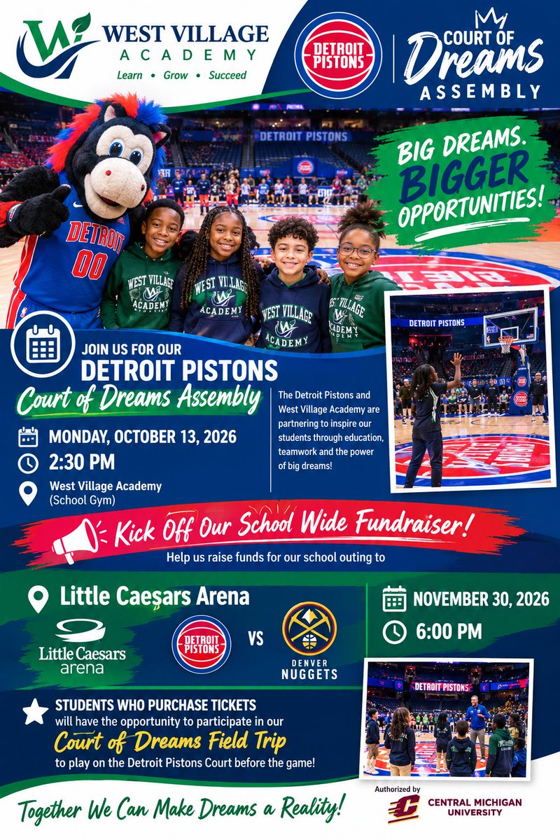 WVAWildcats's tweet photo. 🏀 SAVE THE DATES, WEST VILLAGE ACADEMY! 🏀

We’re excited to kick off our Detroit Pistons Court of Dreams experience and school-wide fundraiser! 💚💙

📅 October 13, 2026 | 2:30 PM
🏫 Court of Dreams Assembly
For West Village Academy students and staff only https://t.co/0a3pXW9PdT