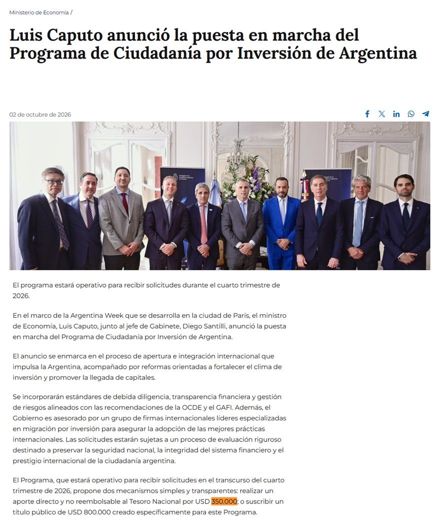 Juli_Strada's tweet photo. Milei quiere vender la Argentina como sea. Ahora propuso, Luis Caputo, otorgar la ciudadanía a extranjeros a cambio de 350 mil dólares.

“El Programa (…) propone dos mecanismos simples y transparentes: realizar un aporte directo y no reembolsable al Tesoro Nacional por USD 350.000; o suscribir un título público de USD 800.000 creado específicamente para este Programa.”

¿Cómo es? ¿Si sos extranjero, podés obtener la ciudadanía por USD 350.000, sin exigencia de residencia en el país, y después comprar lo que quieras? Eso se deduce de las declaraciones de hoy que hicieron -también- desde el extranjero.

Esto proviene del DNU 366/2025 que, sin embargo, nunca fue reglamentado en estos términos. Es posible que el lunes esté publicada la reglamentación con los detalles. 

¿Qué dice el DNU 366? Modifica la Ley de Ciudadanía e incorpora como ciudadanos por naturalización a:

“2°. Los extranjeros que acrediten ante la DIRECCIÓN NACIONAL DE MIGRACIONES, cualquiera sea el tiempo de su residencia, haber realizado una inversión relevante en el país”.

¿El monto de inversión será de apenas USD 350.000? ¿¿Con ese sólo requisito podrán comprar tierras en nuestro país??

OTRO DECRETO PARA QUE EL CONGRESO RECHACE.