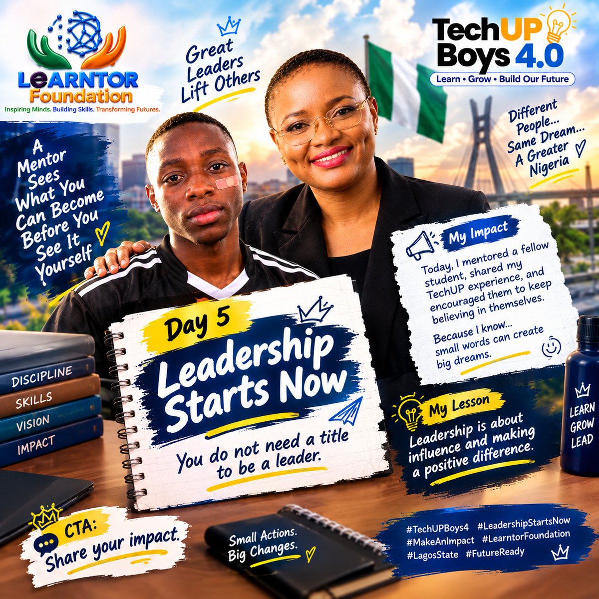 MustaphaItv9ut's tweet photo. Day 5 — Leadership Starts Now

Hook: You do not need a title to be a leader.

Post:
👑 Leadership is about influence and making a positive difference.

Today, I made an impact by [write what you did].

CTA: Share your impact.
#learntorfoundation
#techupboys
#lagosstate
#Ai https://t.co/jPaBcGJ2fP