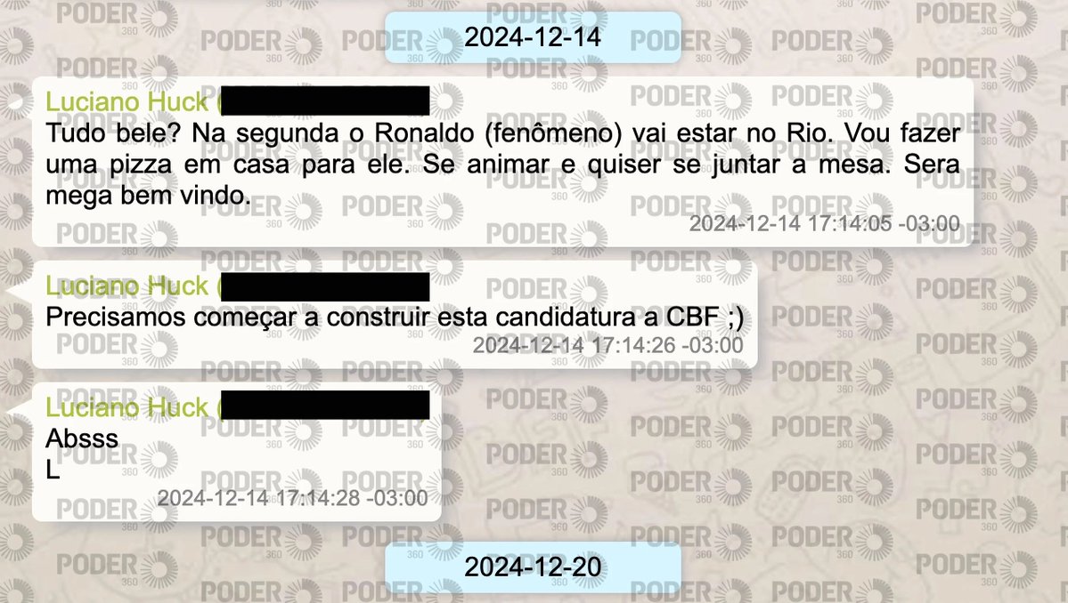 futebol_info's tweet photo. Luciano Huck tentou articular com Vorcaro candidatura de Ronaldo à presidência da CBF.

Mensagens extraídas do celular de Daniel Vorcaro, fundador do Banco Master, mostram que Luciano Huck tentou reunir o empresário e Ronaldo Fenômeno em sua casa e falou em começar a construir a candidatura do ex-jogador à presidência da CBF.

Em 14 de dezembro de 2024, Huck enviou o convite:

"Tudo beleza? Na segunda o Ronaldo (Fenômeno) vai estar no Rio. Vou fazer uma pizza em casa para ele. Se animar e quiser se juntar à mesa... Será mega bem-vindo. Precisamos começar a construir esta candidatura à CBF. Abraços!"

Vorcaro não respondeu.

🗞️ | 📸 @Poder360