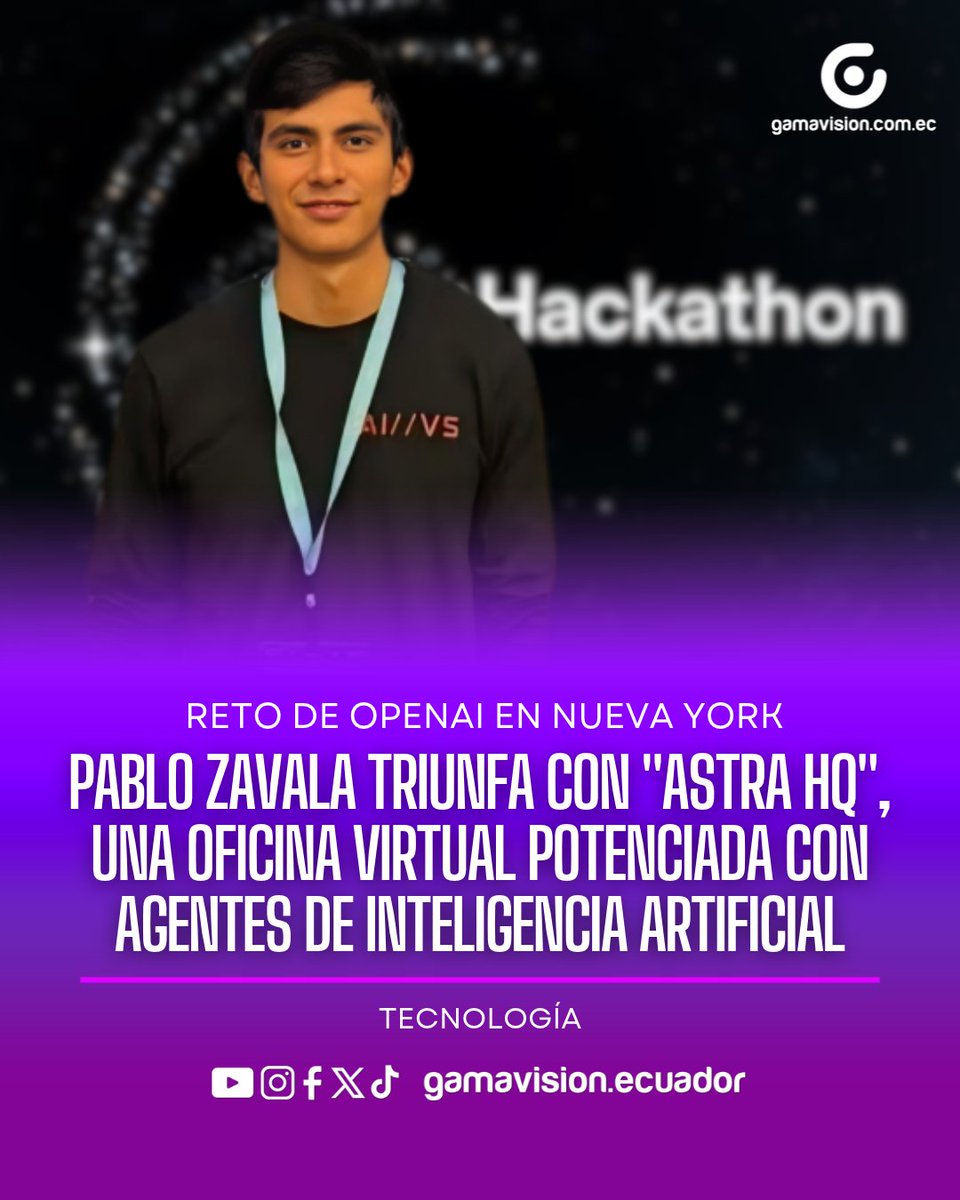 GamavisionEcu's tweet photo. 🤖🏆 Orgullo tricolor en EE.UU.

El ecuatoriano Pablo Zavala ganó el primer lugar en el reto de OpenAI en Nueva York con "#AstraHQ", una innovadora oficina virtual operada por agentes de Inteligencia Artificial. 🚀🇪🇨 

#TalentoEcuatoriano #OpenAI #IA #Tecnología https://t.co/tGxCXdBjyE