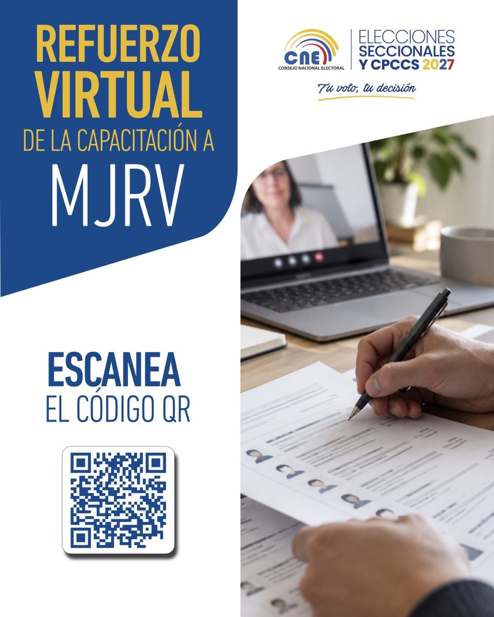 cnegobec's tweet photo. ¡En #Ecuador son los ciudadanos quienes cuentan los votos! 🇪🇨🗳️

Si fuiste designado Miembro de una Junta Receptora del Voto y ya realizaste la #CapacitaciónMJRV2027 presencial, deberás efectuar el refuerzo virtual y así obtendrás tu certificado. 🧑🏻‍💻✅

Ingresa en el código QR. ⬇️ https://t.co/RCmmo6V4Cj