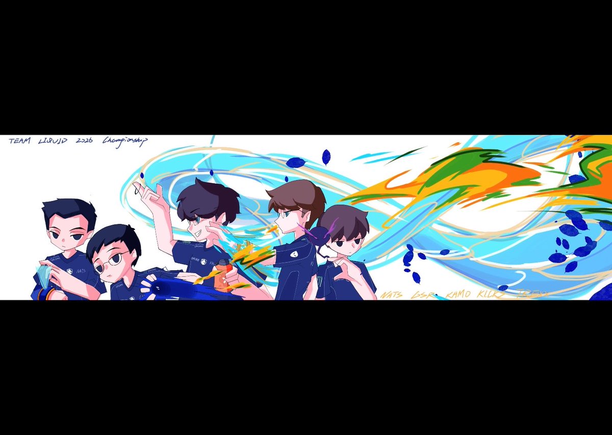 An anime-style illustration of five young male characters in dark blue jerseys, labeled 'TEAM LIQUID 2026 Championship', with colorful blue, yellow, and green energy swirling around them.