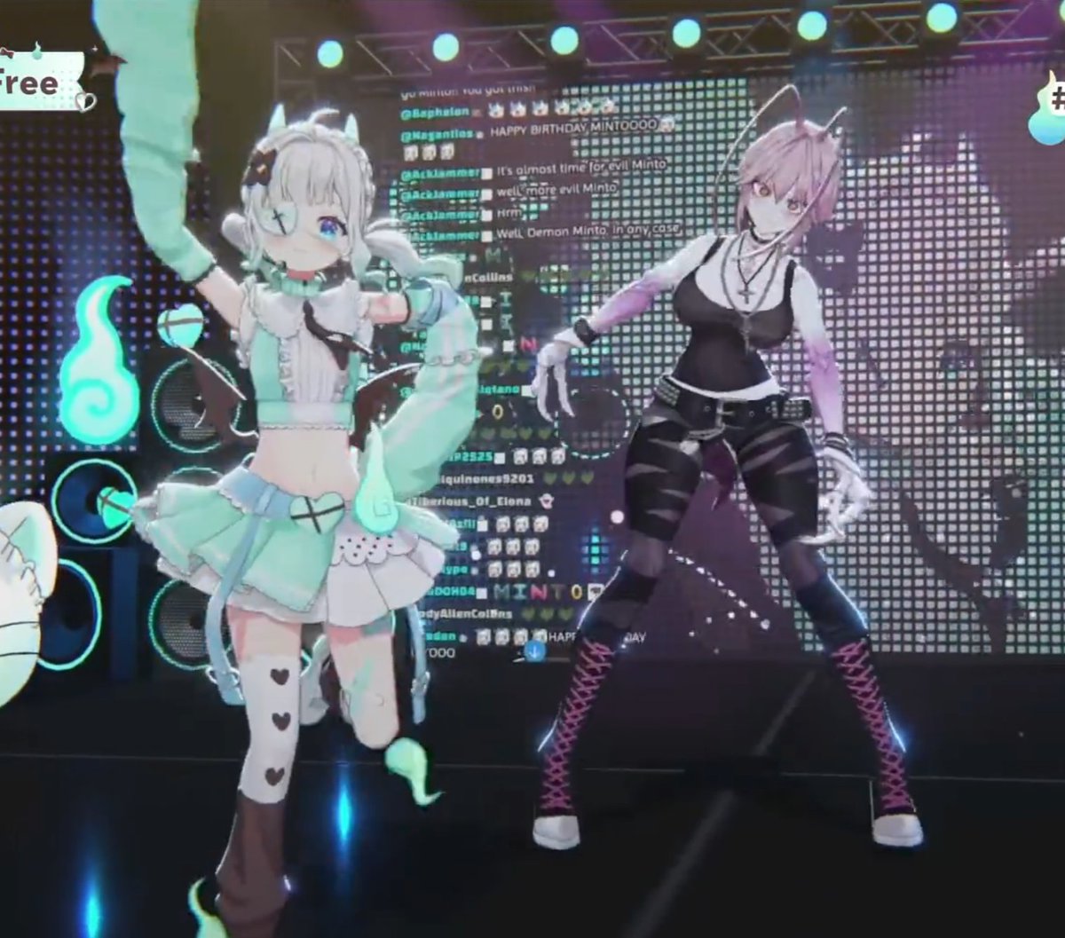ReyaSkyheart's tweet photo. Minto's new look being so cute, Mata in the full rocker fit, and Doki in the high waisted shorts I may have been freaking out last night 🫰😳 #MintoLive #MintoDemon3D https://t.co/SOWwulrEg1
