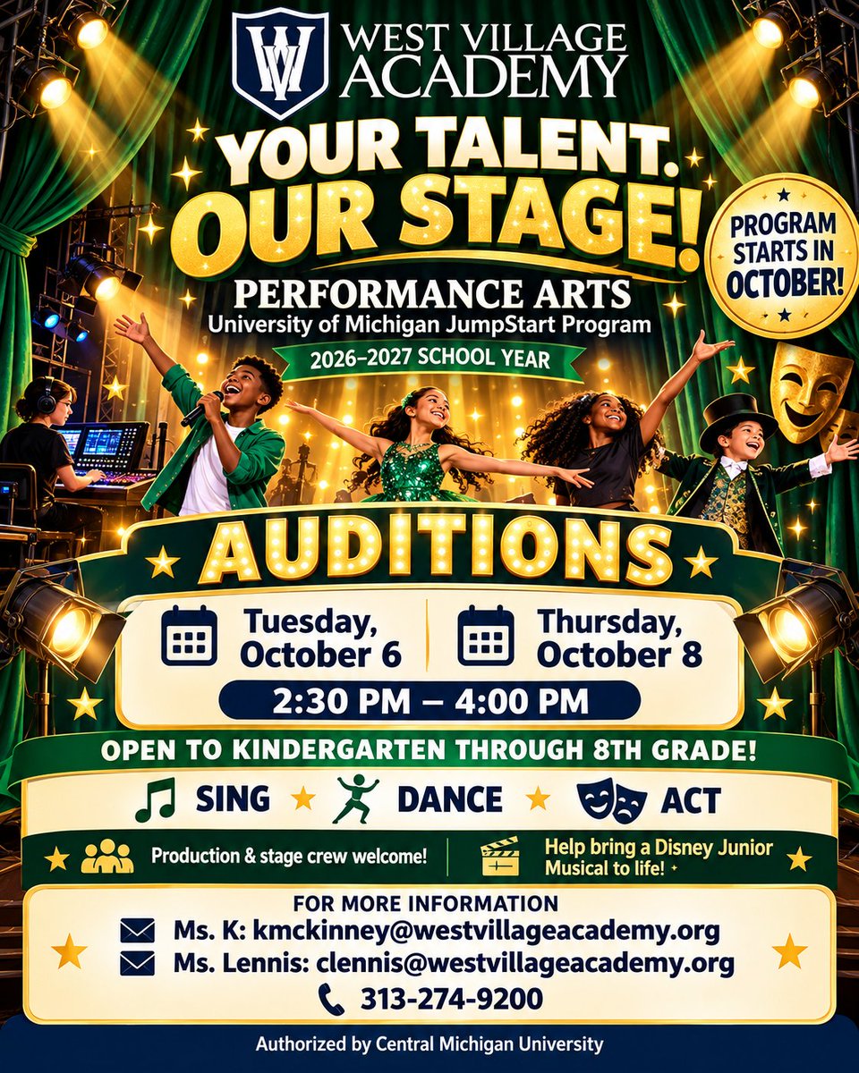 WVAWildcats's tweet photo. 🎭 Your Talent. Our Stage!

West Village Academy families, our University of Michigan JumpStart Performance Arts Program begins this October! Students in Kindergarten through 8th grade are invited to audition and help bring a Disney Junior Musical to life! https://t.co/hbyHh6TxAU