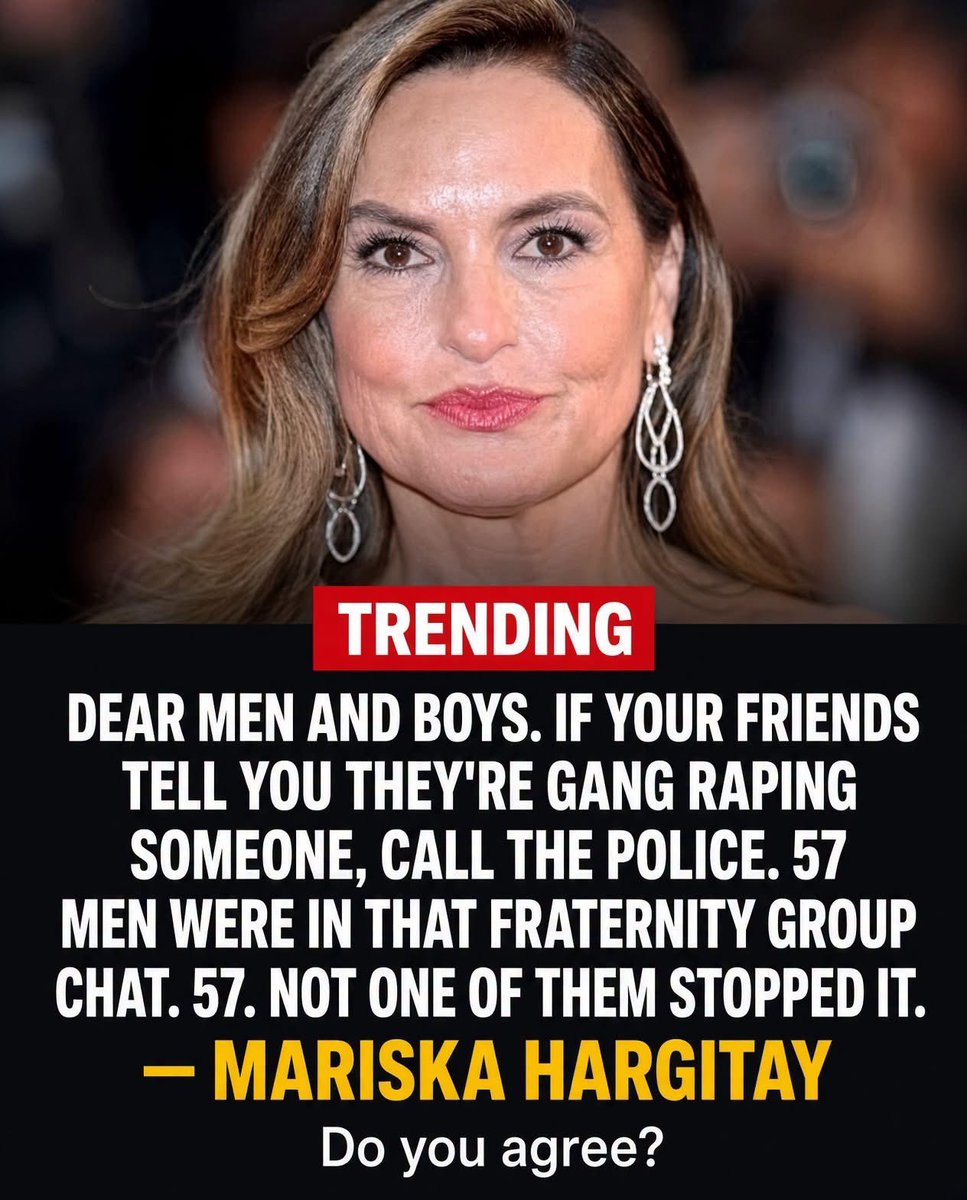 JBMAGA03's tweet photo. 57 men were allegedly in that Cornell Chi Phi group chat. Not one of them stopped it. Mariska Hargitay is right to say that out loud.

Agree or not, silence is a choice. Call the cops. https://t.co/lfC7M8SIs3