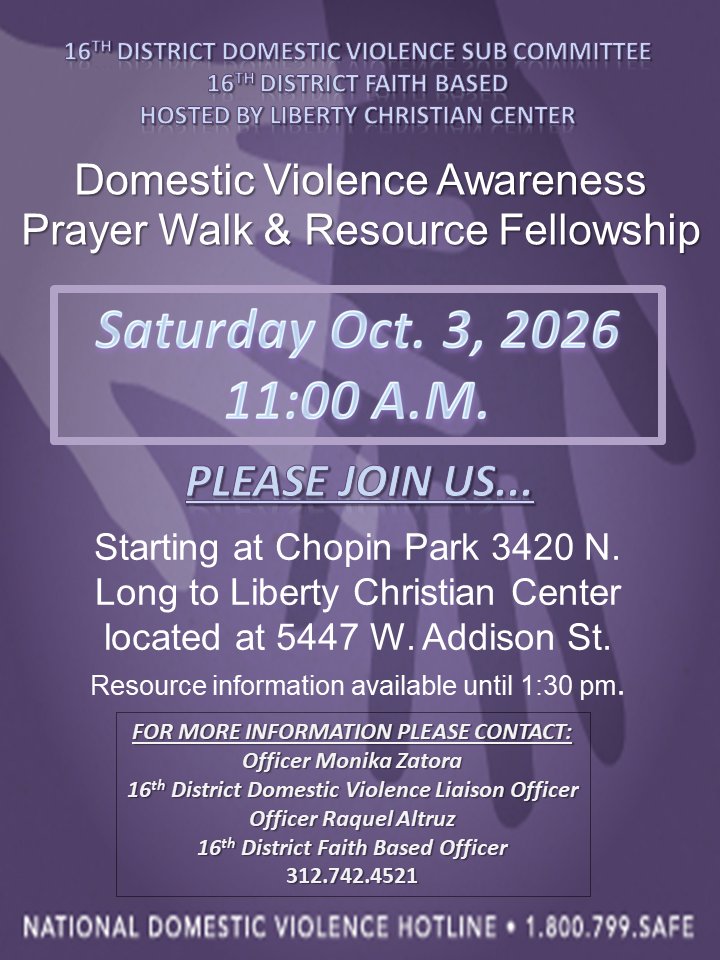 chicagocaps016's tweet photo. Please join us at Chopin Park - 3420 N. Long for the Domestic Violence Awareness Prayer Walk and Resource Fellowship on Saturday, October 3, 2026, at 11:00 AM, hosted by Liberty Christian Center. https://t.co/HLuMqELhlS