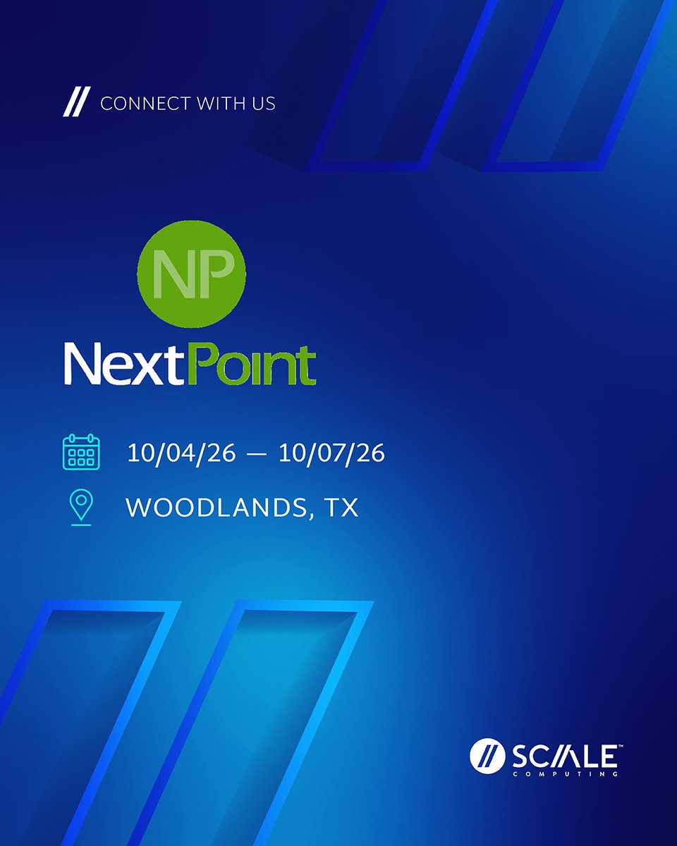 ScaleComputing's tweet photo. Meet us in Woodlands, TX starting 10/4 for NextPoint 2026, the connecting point for leaders in innovative #RetailTech! Kevin Holmes &amp; Craig Theriac will be on site to discuss how Scale Computing™ solutions are modernizing IT infrastructure at the #edge for retailers everywhere. https://t.co/rYpnI5HMLy