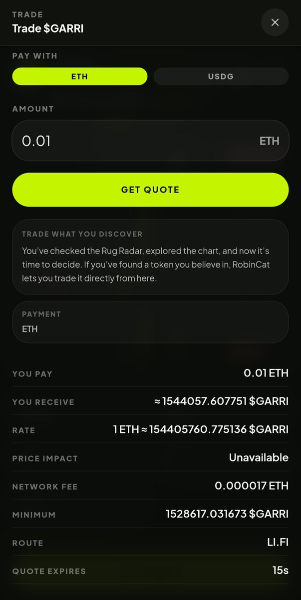 RobinCatapp's tweet photo. For the Trade feature, you can now do more than just watch the chart.

If you've found something that newly launched on the Robinhood Chain and decided it's worth taking a position on, you can now act on that conviction directly from the https://t.co/DTQG9II3DM platform.

Trade is still experimental for now, but it's there for the Crew to use as they interact with RobinCat.

Try it out when you come across something you want to trade, and let us know how the experience feels.

Looking forward to seeing your feedback.