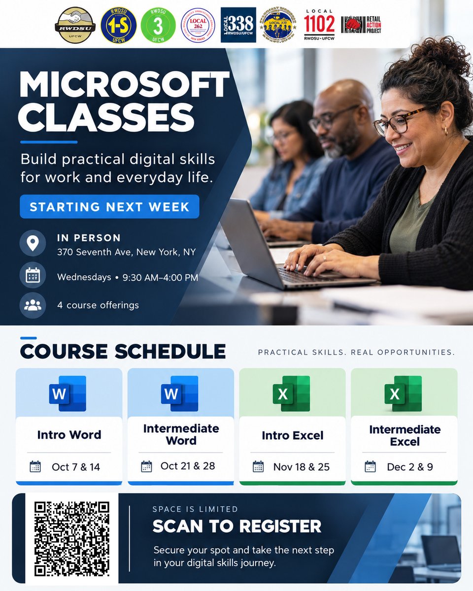 Local338's tweet photo. The RWDSU is offering Microsoft in-person classes in Word and Excel starting next week! These are free and open to all Local 338 members. This is a great opportunity to build your digital skills!

Sign up using this link: https://t.co/Ct7IErlH4I https://t.co/dFUlp4x5gn