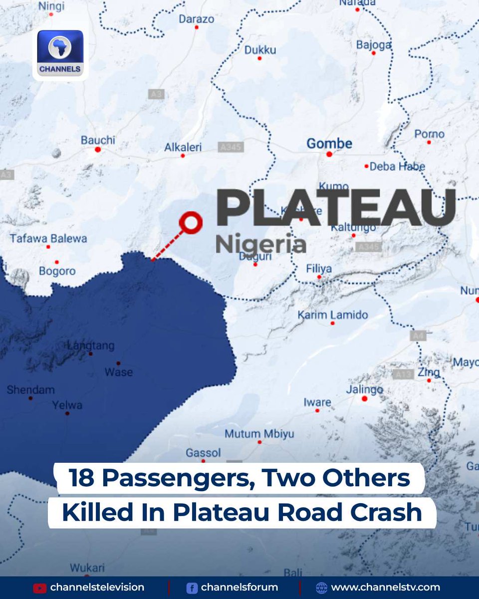 channelstv's tweet photo. Twenty people have been killed in a multiple-vehicle road accident along the Hawan Kibo Road in Riyom Local Government Area of Plateau State.

The accident, which occurred on Friday evening, involved a truck, a Hummer bus carrying passengers, other vehicles, and a motorcycle.

The truck was said to have lost its brakes and rammed into other vehicles travelling towards Jos.

https://t.co/Xjug3ZPhsM