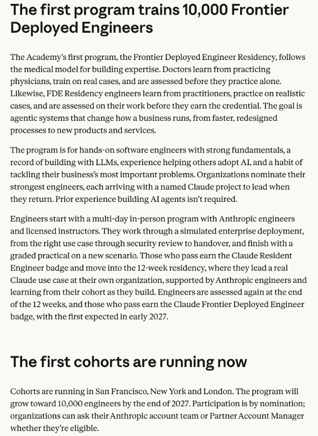 AIVerse365's tweet photo. 🚨 ANTHROPIC WANTS TO TRAIN 10,000 “FRONTIER DEPLOYED ENGINEERS”

#Anthropic is investing $100M in its new Claude Frontier Academy.

Engineers from Morgan Stanley, Deloitte, McKinsey, Accenture + others will train, then spend 12 weeks deploying real Claude projects inside their organizations.

The AI race is shifting:

Build the models → train the workforce → deploy AI everywhere.