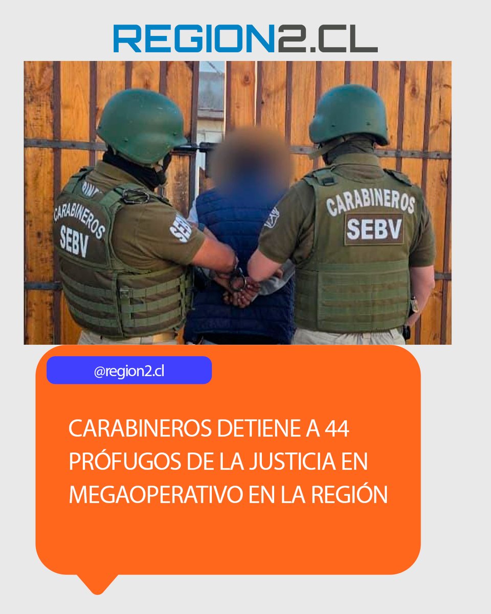 region2cl's tweet photo. Carabineros detiene a 44 prófugos de la justicia en megaoperativo en la región
➡️https://t.co/dTQKq8T0OP⬅️
#Antofagasta #Calama #Tocopilla #Taltal #Mejillones #Maríaelena #Baquedano #Sierragorda #Sanpedrodeatacama #Chile https://t.co/tqrhUNLEC4