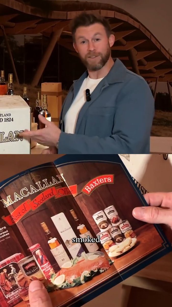 A bearded man in a blue shirt stands indoors holding a box, while the lower image shows hands holding an open vintage display featuring Macallan whiskey bottles and Baxters smoked salmon and pheasant products.