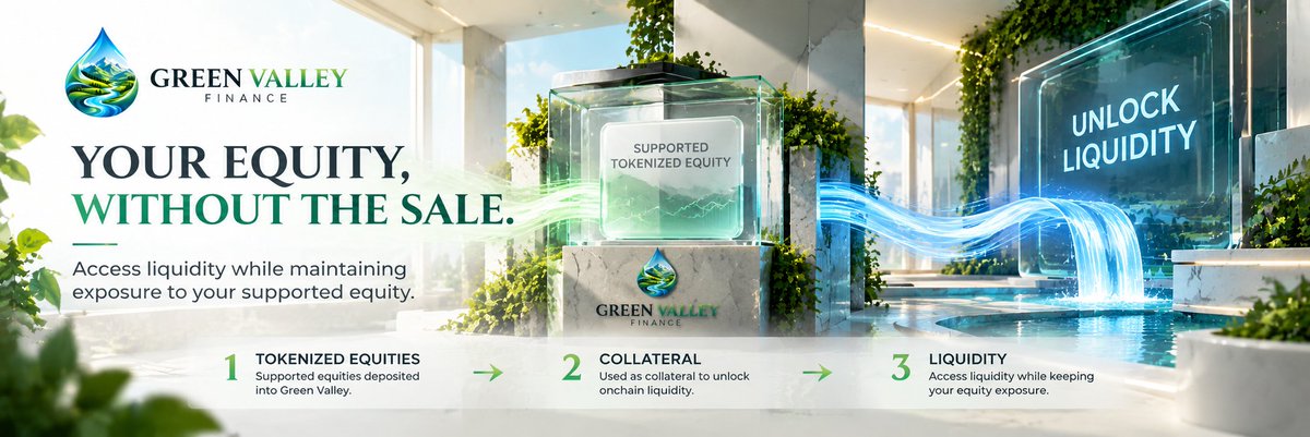 Green_Valleyfi's tweet photo. YOUR EQUITY, WITHOUT THE SALE.

Why sell an asset just to access liquidity?

Green Valley Finance is designed to let supported tokenized equities work as collateral — opening access to onchain liquidity while maintaining exposure to the underlying position.

Tokenized Equity → Collateral → Liquidity

Keep your position.
Unlock liquidity.
Put your equities to work.

Let Your Equities Flow. 💧

$GVF