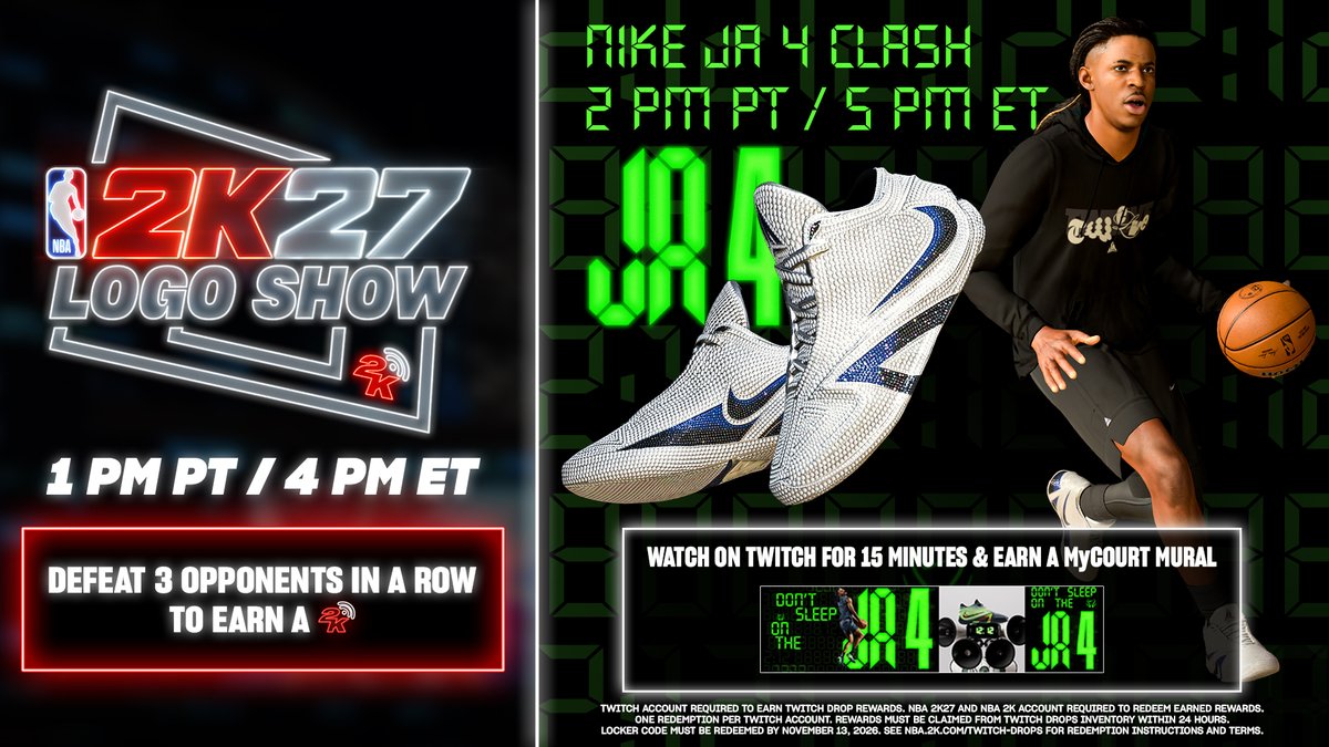 NBA2K's tweet photo. Going LIVE with a Community Stream double header ‼️

We’ve got @JaMorant jumping in to take on the Community later today and we’re starting off with the Logo Show and a potential champion being crowned 👑

Plus, don’t miss out on giveaways all stream long including Pro Pass codes and @NBA2KMyTEAM Dunktober Ja Morant! ⤵
️
https://t.co/94ExWOyAaR