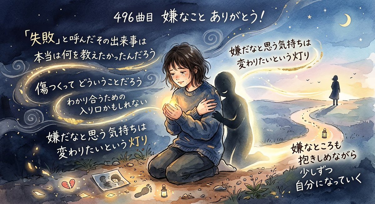1972toshisan's tweet photo. 496曲目　嫌なこと　ありがとう！

「嫌だな」は、変わりたい証拠。新しい自分に出会うための大切な道しるべ！！
＃癒し
＃自己肯定

https://t.co/Y36DmLZ3ok

心ゆくまで曲を楽しみたい方、これからの歌作りを応援していただける方は、ぜひショップを覗いてみてください👇
https://t.co/vI6bPh967x https://t.co/cEAfR7Asc8