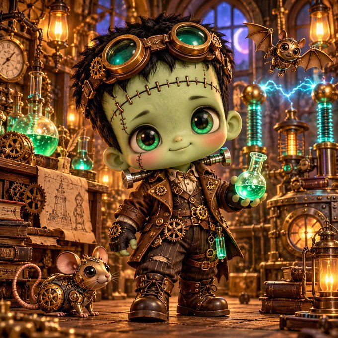A chibi-style Frankenstein character wearing steampunk goggles and gear-covered clothing holds a glowing green potion in a Victorian laboratory, accompanied by a mechanical mouse and a small flying robotic bat.