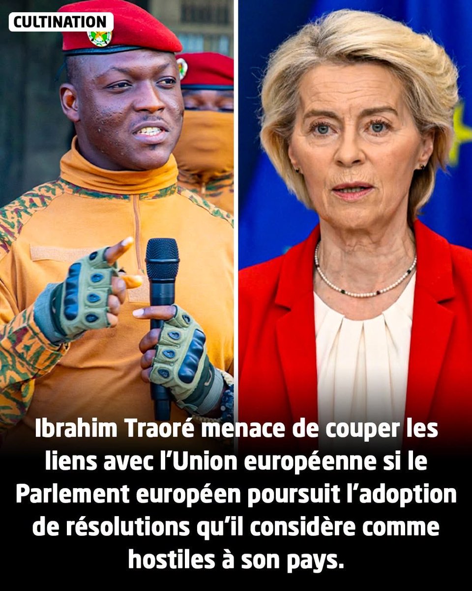 DepecheAES's tweet photo. 🇧🇫🇪🇺 Le président burkinabè Ibrahim Traoré a menacé de rompre complètement les relations entre son pays et l’Union européenne si des députés européens continuent d’adopter des résolutions qu’il juge hostiles au Burkina Faso. Lors d’une conférence de presse le 27 septembre, il a affirmé que son gouvernement avait déjà demandé aux responsables européens de retirer ces textes. Il a déclaré que le Burkina Faso était prêt à supporter les conséquences d’une rupture. Cette déclaration intervient quelques mois après la rupture des relations diplomatiques avec la France. Traoré a également évoqué les relations entre la Communauté économique des États de l’Afrique de l’Ouest et l’Alliance des États du Sahel.

Sources des informations citées : BBC ✍🏽