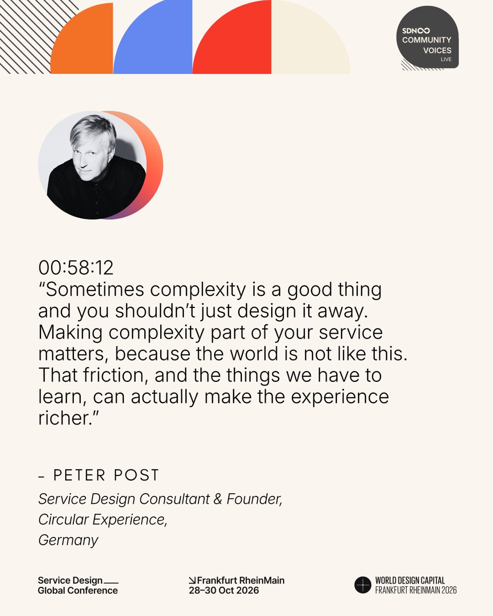 SDNetwork's tweet photo. Here are a few ideas and quotes from the conversation stayed with us. 👆

 Rewatch When Better Isn’t Enough| SDGC26 Special nº009 Speaker Roundtable
🔗LinkedIn: https://t.co/3fH1L6Gbqd
🔗YouTube: https://t.co/TkBhRUrob7

#ServiceDesign #SDN #CommunityVoices #SDGC26 #DesignMedia https://t.co/GXe7gQZDyY