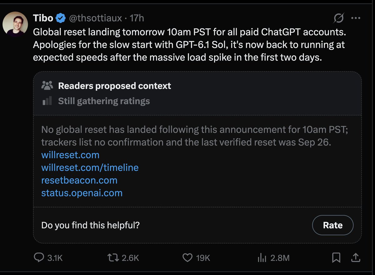 matthewmillerai's tweet photo. The OpenAI situation keeps getting worse.

Yesterday Tibo announced a global reset for all paid ChatGPT accounts at 10am PST today. It's been over 2 hours. No reset.

Builders literally scheduled their whole day around this. 

First they cut usage in half. 

Now they promise a reset that doesn't show up. 

You can't keep doing this to the people paying you.