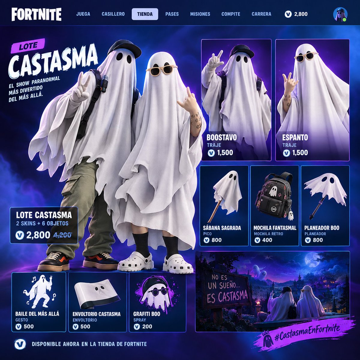 Castasma's tweet photo. ¿Y si Castasma llegara a la tienda de Fortnite? 👻🎮
Boostavo, Espanto y todo un lote de objetos del Más Allá…
¿Se comprarían estas skins o nos regresan directo al lobby? 😂
#Castasma #Fortnitemares #Fortnite https://t.co/tVJMI2sZVR