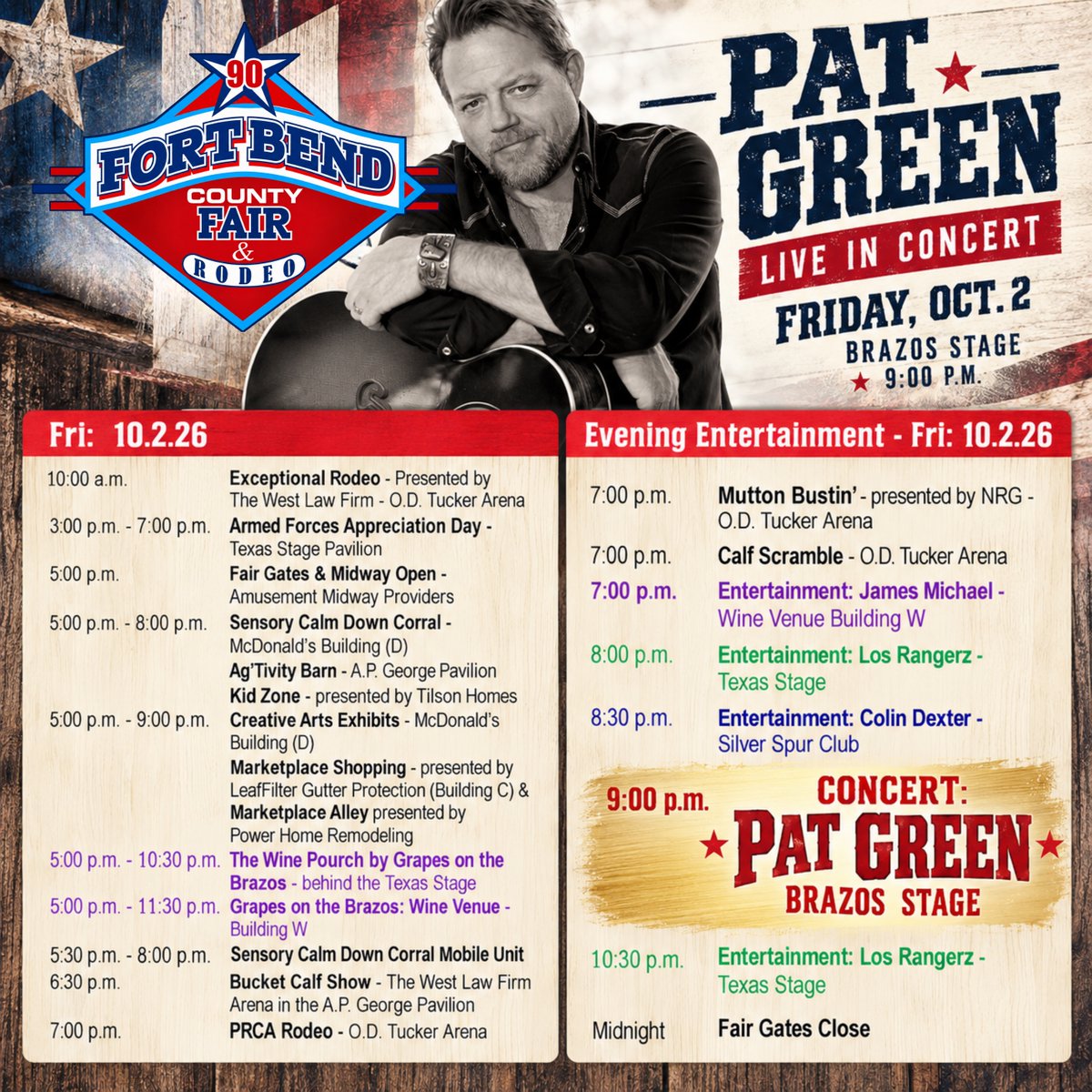 fbcfair's tweet photo. Wave on Wave- the Fair is the best deal in town to see Pat Green, see rodeo action, and take in your fair food favorite. #fbcfair90 #fbcf #fortbendcountyfair #fairtime #fairdays #PromotingFamilyYouthAgriculture #fairszn🎡 https://t.co/ECX3lK2eEM