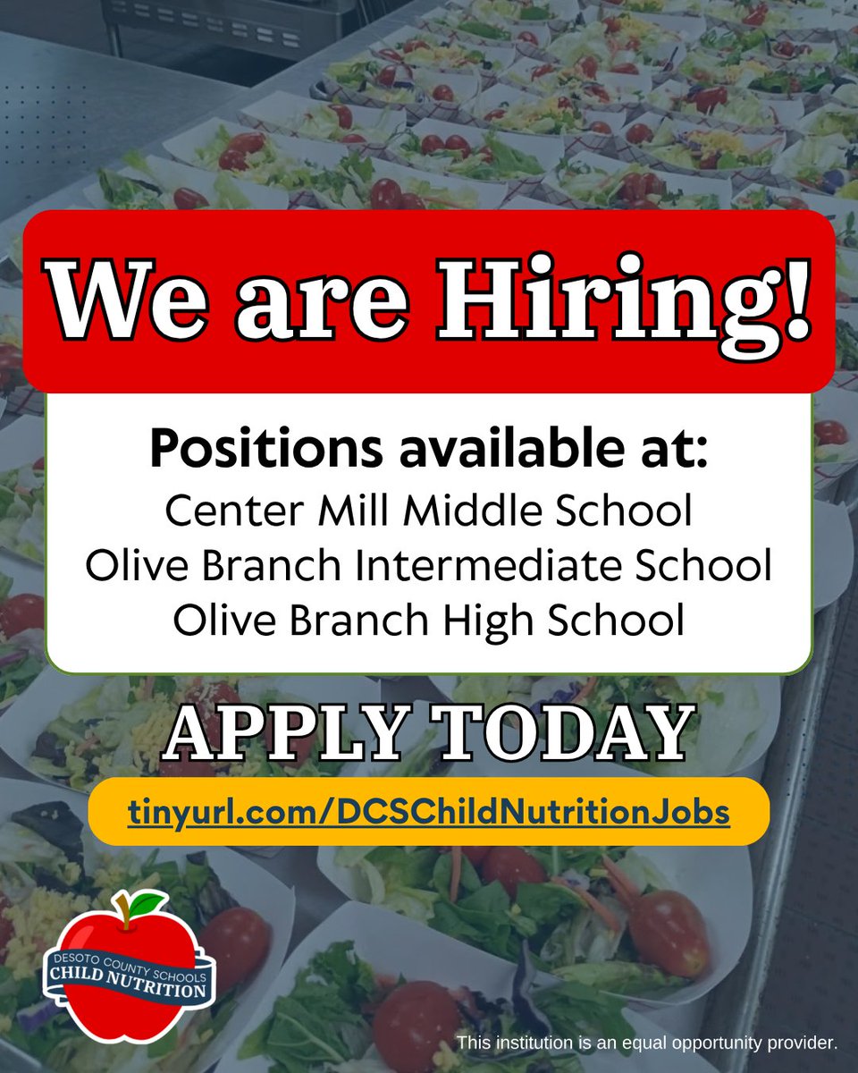 teamDCSmeals's tweet photo. Help us serve tomorrow’s leaders! 👩‍⚕️👷‍♂️👨‍🌾👩‍💻👨‍🔬 Apply today: https://t.co/XYHs2qZ3TK

@DCSeNews #TeamDCS #DeSotoMS #DeSotoMississippi #DeSoto #MSschools #DeSotocounty https://t.co/HKESd4ydWq
