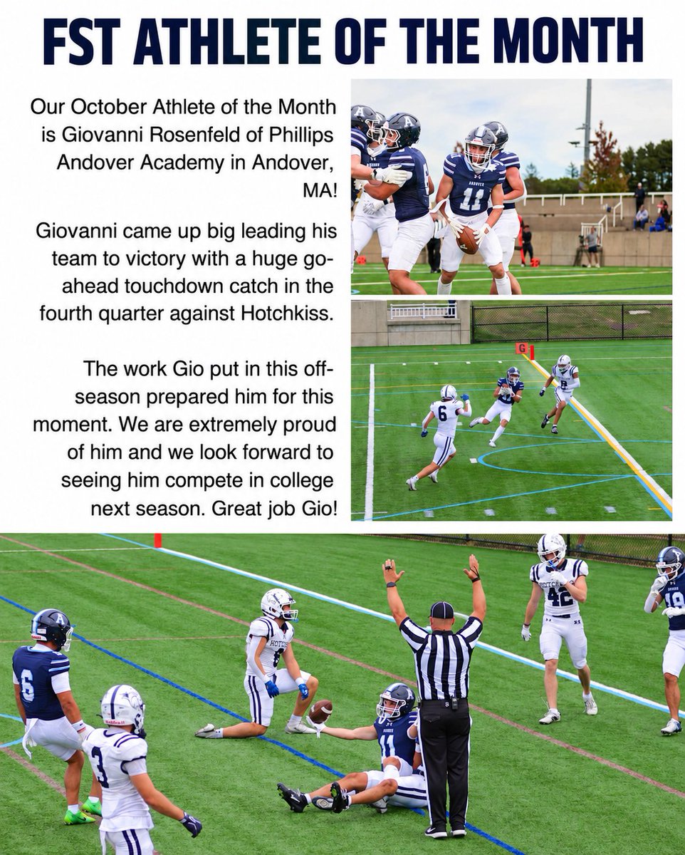 GioRosenfeld's tweet photo. Grateful for the recognition @FST_DMV  A lot of work went into this offseason, and even more grateful I could help my team when it mattered. Thank you to my coaches and teammates who keep pushing me every day. Back to work.
@FootballAndover @ChrisPowers1937 https://t.co/VzXRrHcUKj