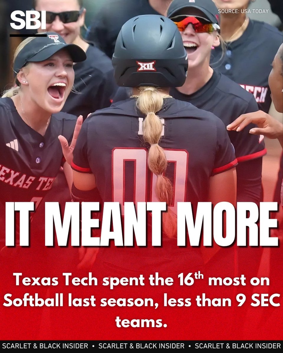 SBInsiderHQ's tweet photo. MEANT MORE | Texas Tech spent the 16th-most on Softball last season, per @JoannaELane.

That is less than 9 SEC programs, including Ole Miss, Alabama and Florida, who the Red Raiders beat in the postseason.

Why is the narrative that Texas Tech is the only program spending 💰? https://t.co/rgXg4PO3P0