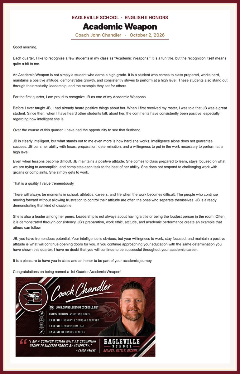 jbwray2029's tweet photo. I was surprised to receive this email today. Thank you Mr. Chandler for this email and honor. I try my best at everything and it's always special to be recognized. @eaglevilleath @ALFC2028 https://t.co/K1IlcDbziR