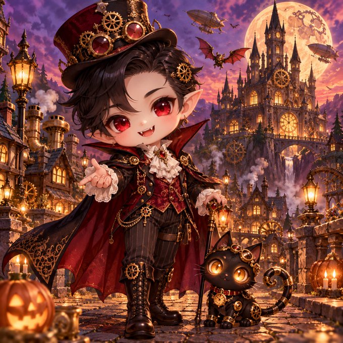 An anime-style chibi illustration of a small vampire boy with red eyes wearing a top hat with gears and a red-lined cape, standing next to a black cat in a steampunk gothic setting with castles and a full moon.