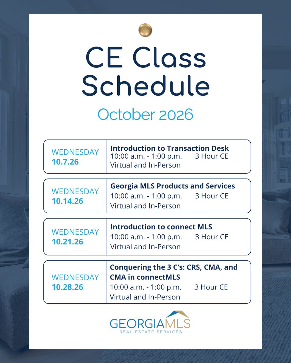 gamls's tweet photo. Get to know the ins and outs of your Georgia MLS membership with our CE classes! Click “Tech Class Self Enrollment” under the Education Tab after logging in to sign up for one of our October classes.
Here are the classes for this month. https://t.co/w3oTRUrUVk