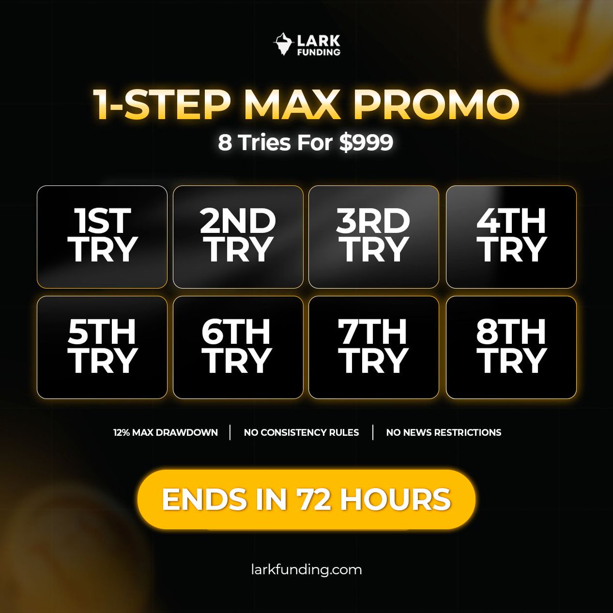 larkfunding's tweet photo. 1st try. 2nd try. 3rd try…

All the way to the 8th 🔥

Two $100K 1-Step MAX challenges, 3 free restarts each, $999 total

Ends tomorrow at midnight https://t.co/jCP6t3EWrR