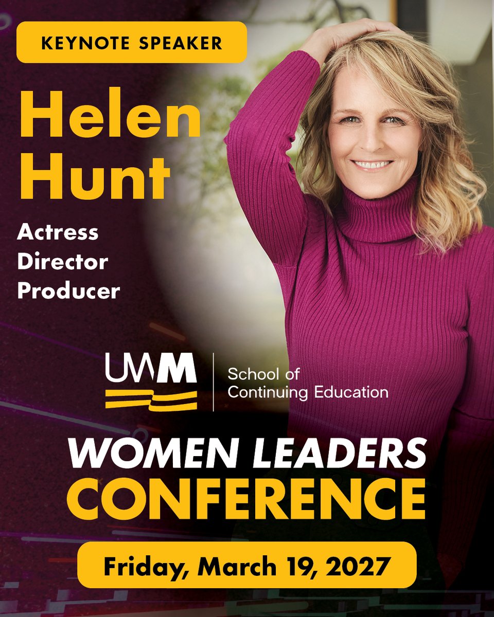UWMContinuingEd's tweet photo. We're thrilled to announce that Helen Hunt will join us as our 2027 Women Leaders Conference keynote speaker! 

Save the date for Friday, March 19, 2027, and get ready for what is shaping up to be the biggest and boldest Women Leaders Conference to date. https://t.co/5N1y48uFXu https://t.co/qG7ZgLWBTR