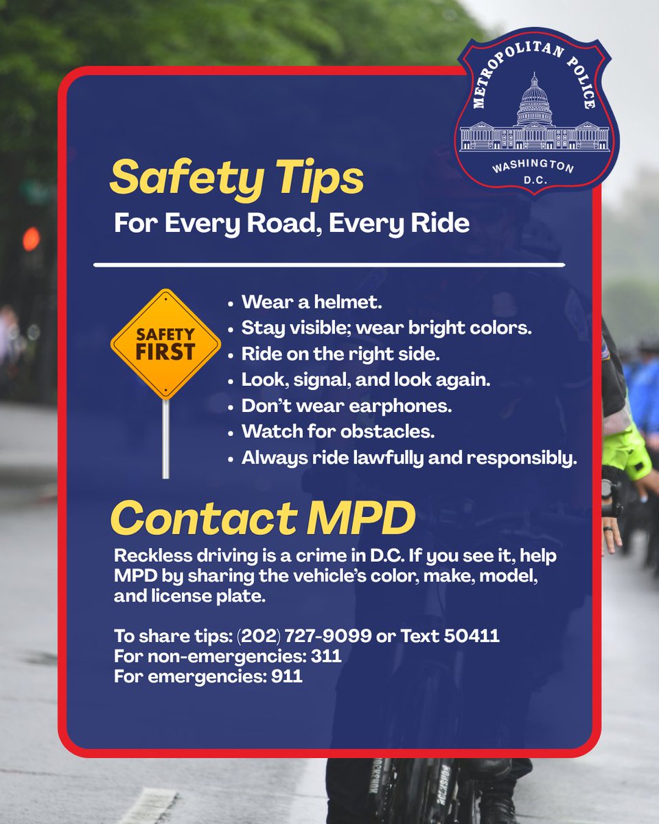 DCPoliceDept's tweet photo. Hey D.C.! Let's talk about E-Scooters &amp; E-Bicycles. D.C.’s e‑bike and e‑scooter riders help keep our city moving. Let’s all work together to keep everyone safe. Ride smart, stay aware, and share the road. https://t.co/TVvu0LrQbU