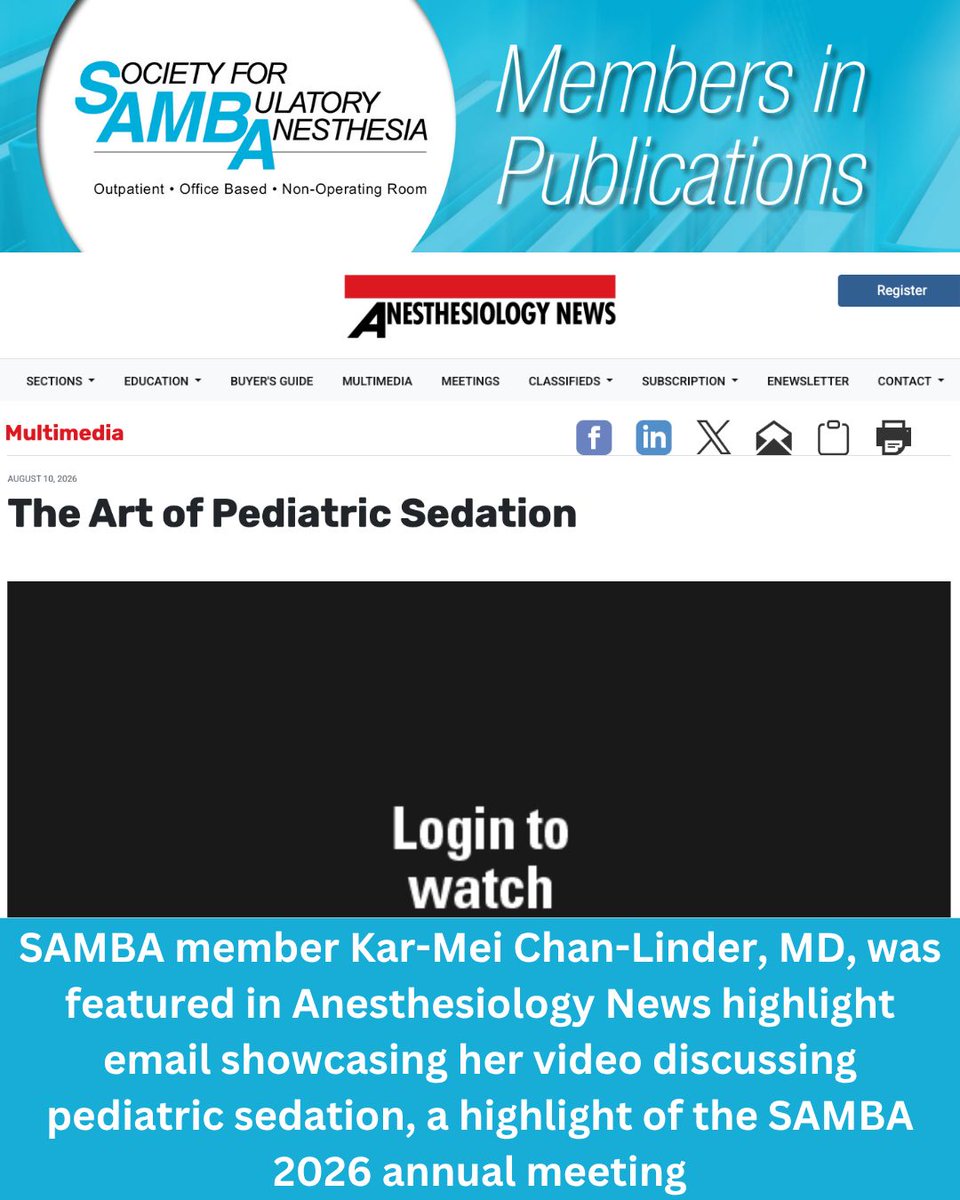 sambahq's tweet photo. SAMBA member Kar-Mei Chan-Linder, MD, was featured in Anesthesiology News highlight email showcasing her video discussing pediatric sedation, a highlight of the SAMBA 2026 annual meeting

Watch it here: https://t.co/1kXSKN5SQk https://t.co/DmKKazLfl1