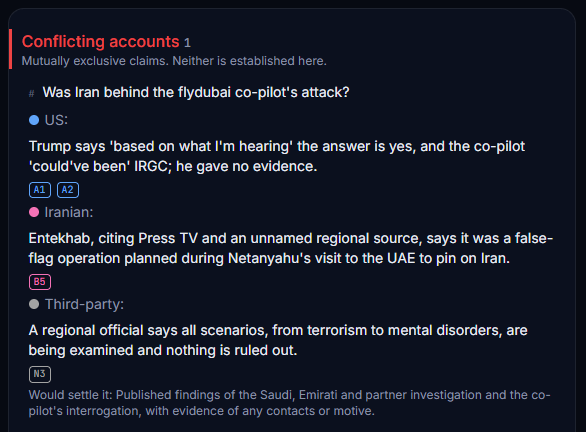 DakicDejan's tweet photo. Was Iran behind the flydubai cockpit attack?

Trump: "based on what I'm hearing, is yes." No evidence given.
Israeli security officials: he probably acted alone, no Iranian link found.
An Iranian site: "false flag".

Would settle it: the Saudi-UAE investigation. https://t.co/uy4t0v4AQ0