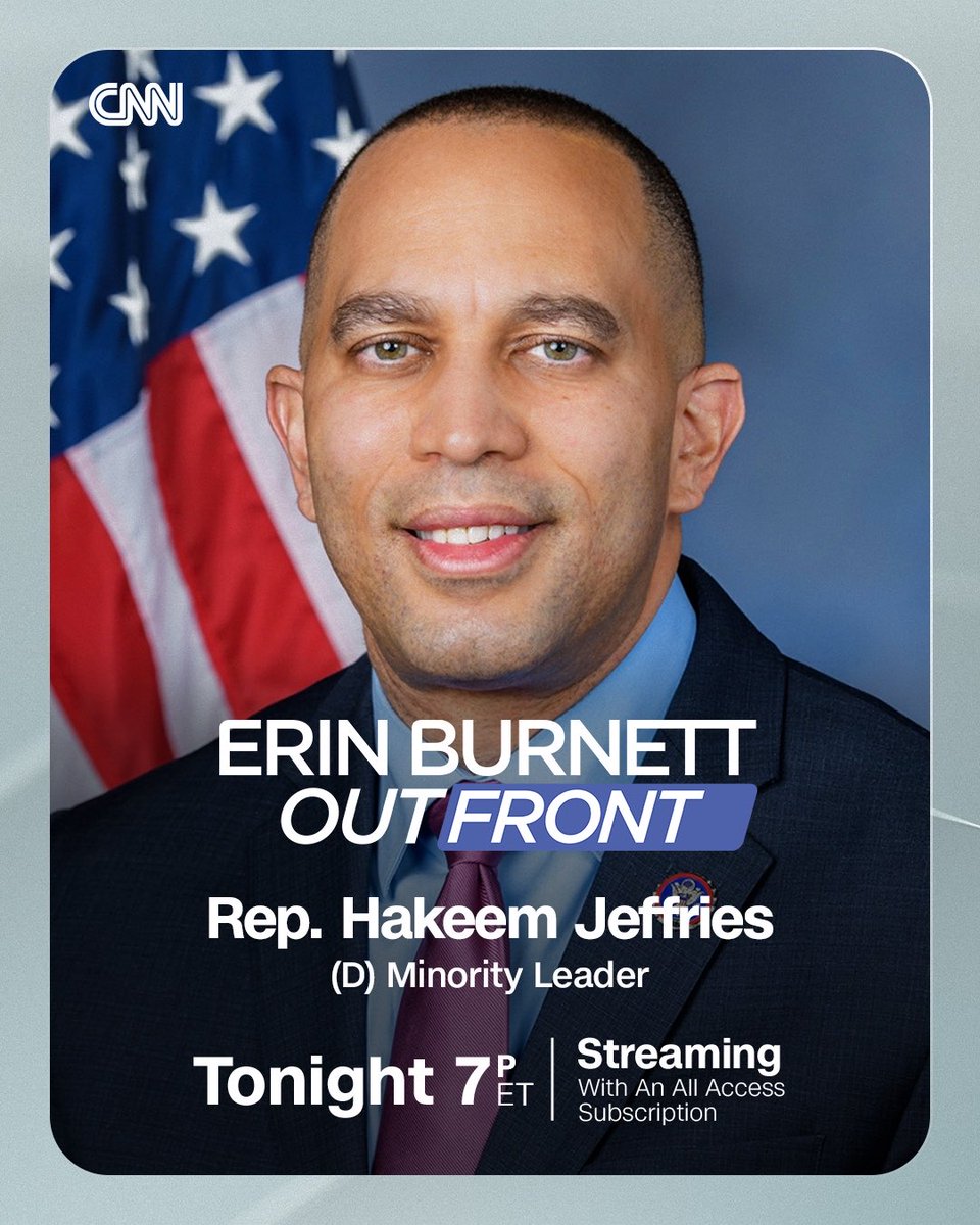 OutFrontCNN's tweet photo. Rep. Hakeem Jeffries joins Erin Burnett OutFront live tonight at 7pm ET. Stream on CNN with an All Access subscription. https://t.co/zfIRprkrvr