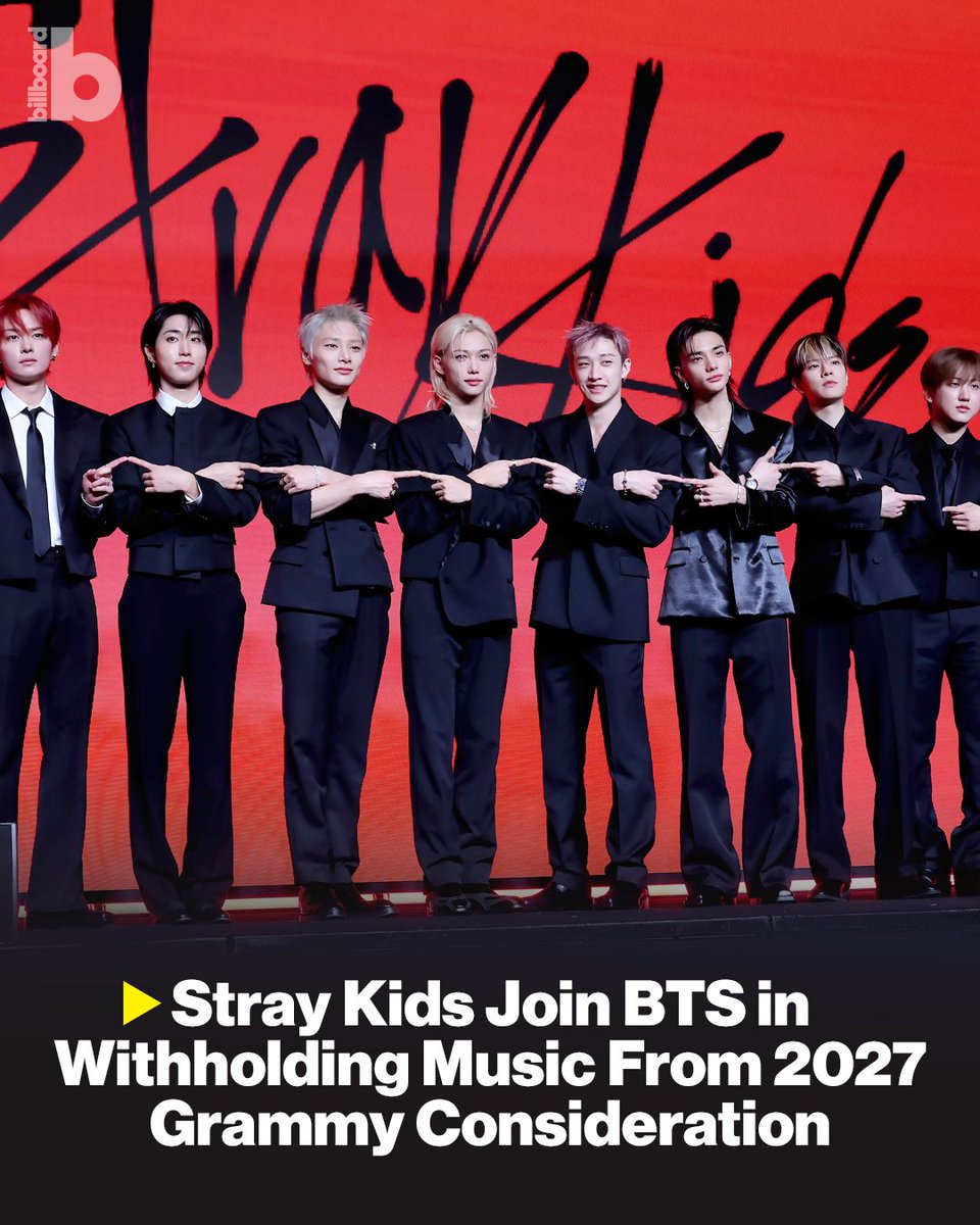billboard's tweet photo. Stray Kids have joined BTS in the 2027 Grammys boycott after the Recording Academy introduced a best Asian pop music performance category.

More details: https://t.co/9HbyeBfCsD https://t.co/P58jYOjl90