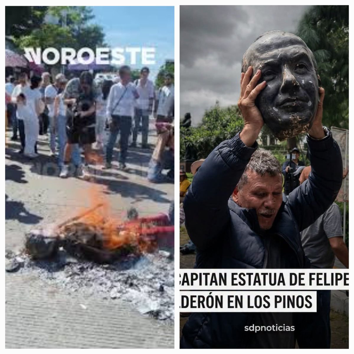 MONCAYOJUAN's tweet photo. ⚠️La hipocresía de los chayoteros 

🚫Sep 15 Runfla de prianistas en Culiacán le prendió fuego a una figura de @Claudiashein. Todo relax.

☢️Sep 30 integrantes de Luz y Fuerza vandalizan la estatua de Calderón, rápido @azucenau los busca para cuestionarles porque la violencia🤡 https://t.co/EjAKw2vD3u