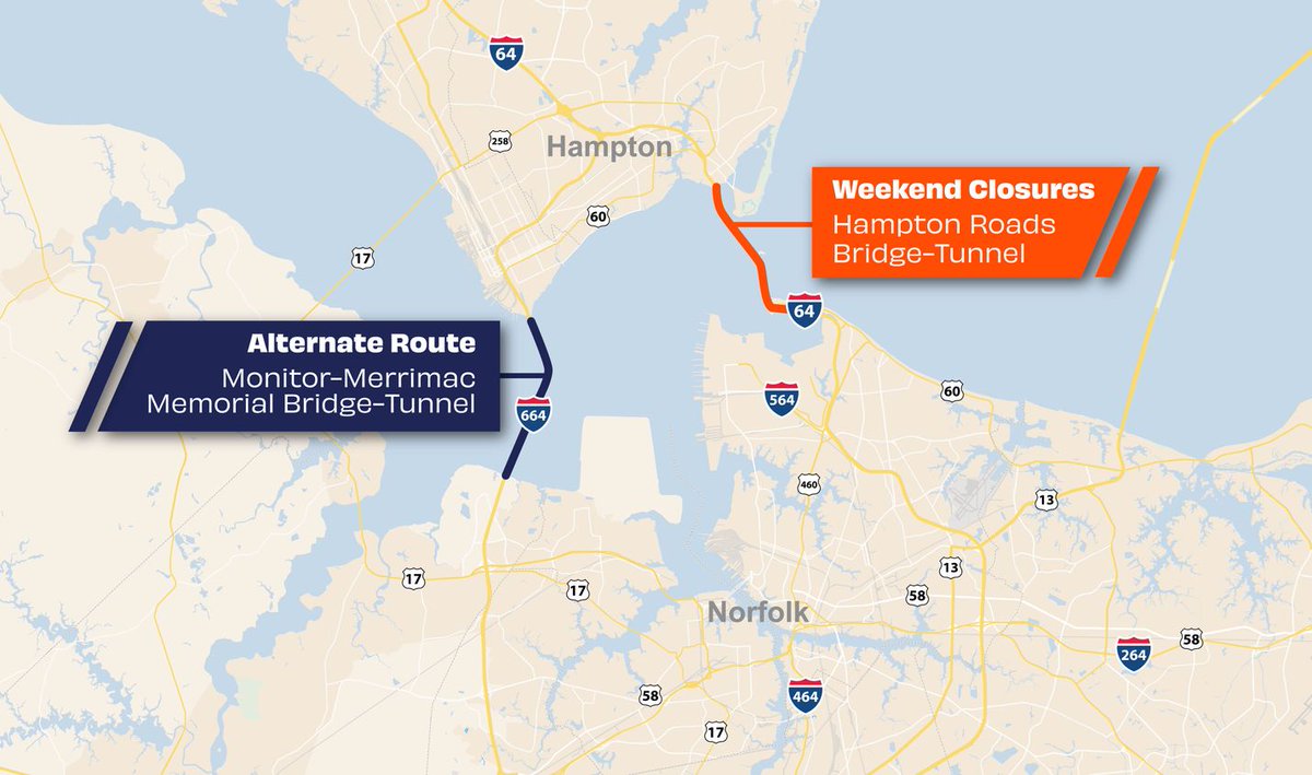 VaDOTHR's tweet photo. TONIGHT AT 9 P.M.: The I-64 Hampton Roads Bridge-Tunnel will fully close westbound toward Hampton for critical roadway repaving.

⏰ Oct. 2 at 9 p.m. – Oct. 5 at 5 a.m.

Eastbound remains open.

More info: https://t.co/DWm4DNvW5y https://t.co/gNifKzpjaQ