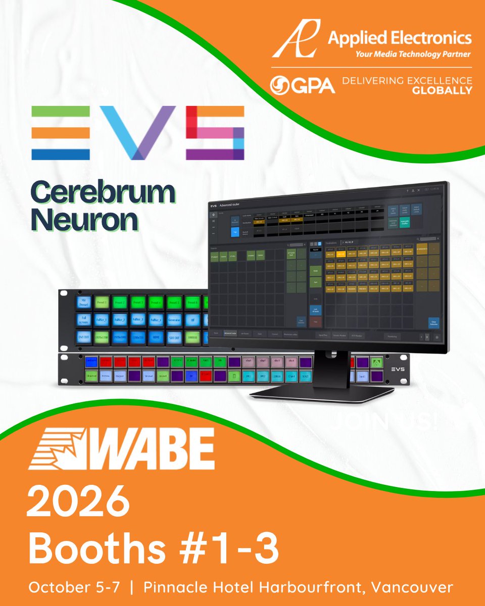 Applied_tweets's tweet photo. 🎛️ See EVS solutions in action at WABE 2026!
 Come see EVS in action and let’s talk broadcast!
 
#WABE2026 #EVS #Cerebrum #Neuron #Broadcast #IPBroadcast #MediaProduction #BroadcastTechnology #AppliedElectronics https://t.co/rac20MDN50
