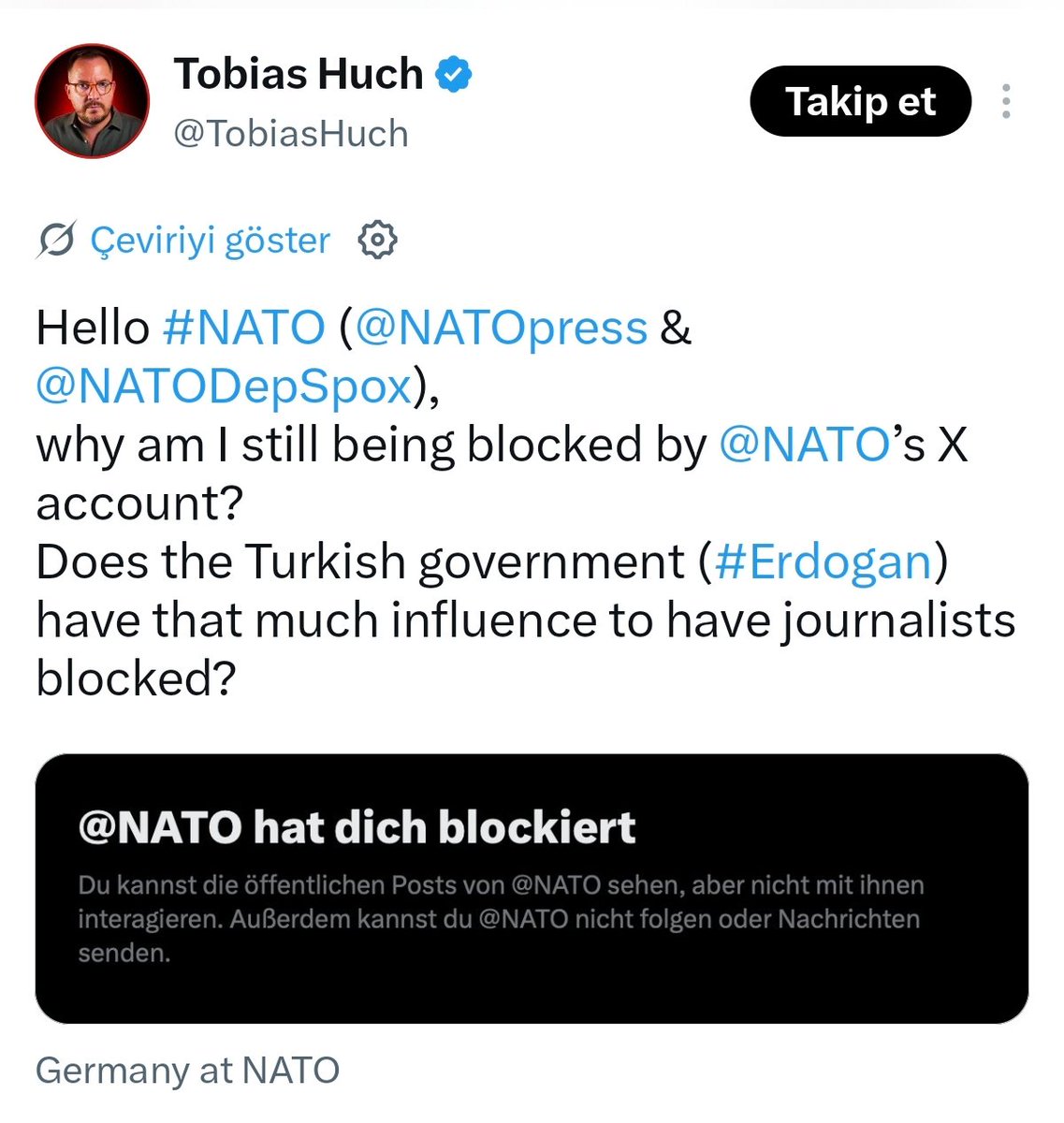 Globalite_TR's tweet photo. NATO resmi hesabı, PKK destekçisi Alman gazeteci Tobias Huch’u engelledi. https://t.co/72t56kh7Ee