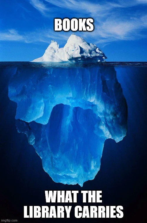 The Iceberg meme with a small amount on top with a lot of the iceberg under water. The text on top, "books". The text on bottom, "what the library carries".