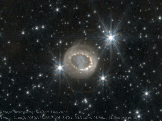 A space image showing a ring nebula with surrounding stars, credited to NASA/ESA/CSA JWST NIRCam with image processing by Melina Thévenot.